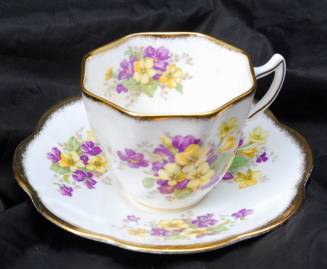 Rosina English Fine Bone China Tea Cup & Saucer set Yellow & Purple Flowers
