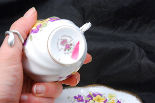 Rosina English Fine Bone China Tea Cup & Saucer set Yellow & Purple Flowers