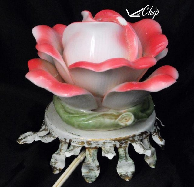 Porcelain Rose Night Light on Metal Fitting, Shabby Chic PRICE REDUCTION!