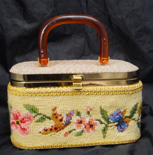 Vintage 60's Julius Resnick JR Florida Needlepoint Box Purse with Lucite Handle