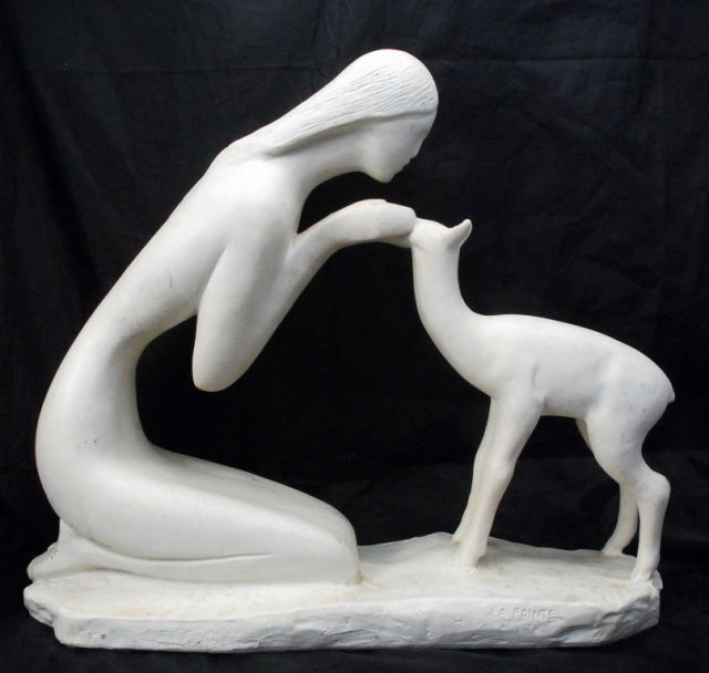 Mexican or Indian Woman with Fawn Porcelain Sculpture, Signed La Pointe by Mark LaPointe and Austin Productions