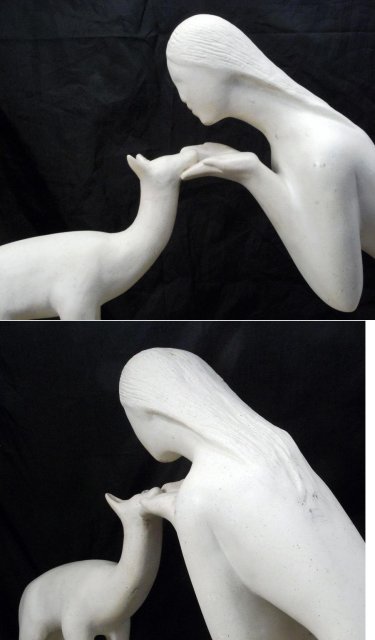 Mexican or Indian Woman with Fawn Porcelain Sculpture, Signed La Pointe by Mark LaPointe and Austin Productions