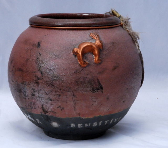 Fire Song Studio Pottery Vase with Rabbit & Feathers PRICE REDUCTION!