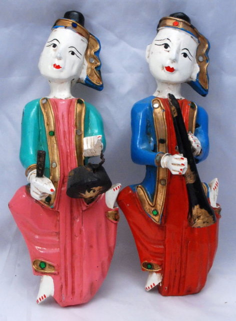 Old Asian Folk Art Wall Plaques of Painted Wood