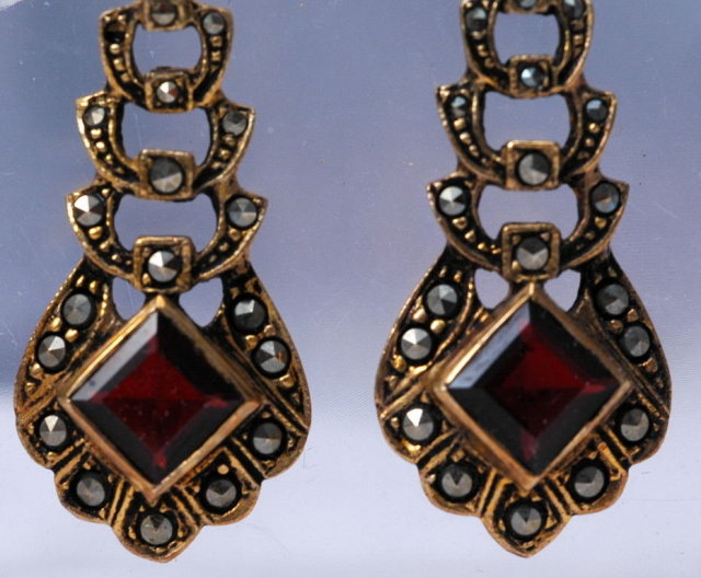 Sterling Vermeil Garnet Earrings with Marcasites