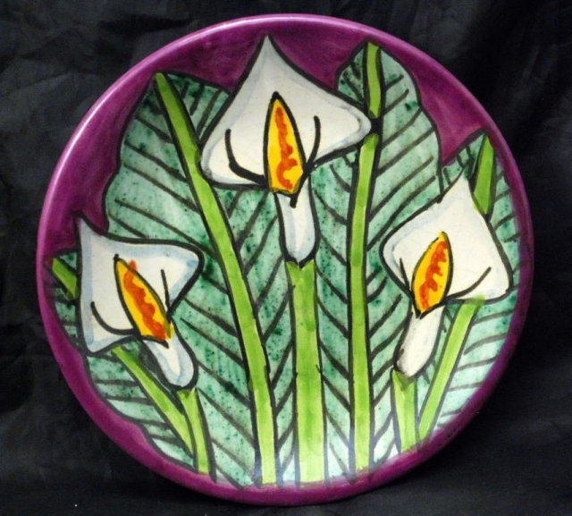 Talavera Calla Lily Mexican Pottery, Hand Painted & Signed T. Ruth of Mexico