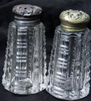Antique Cut Crystal Salt & Pepper Shakers with silver lids