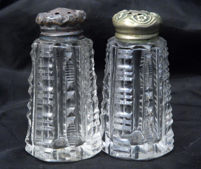 Antique Cut Crystal Salt & Pepper Shakers with silver lids