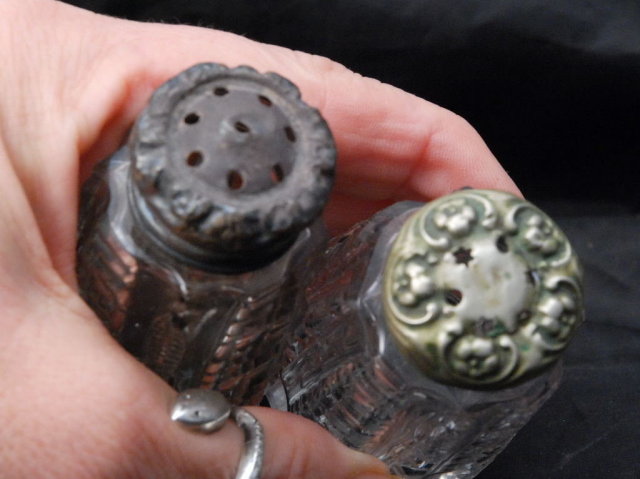 Antique Cut Crystal Salt & Pepper Shakers with silver lids