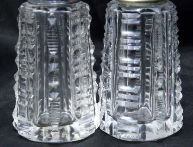 Antique Cut Crystal Salt & Pepper Shakers with silver lids