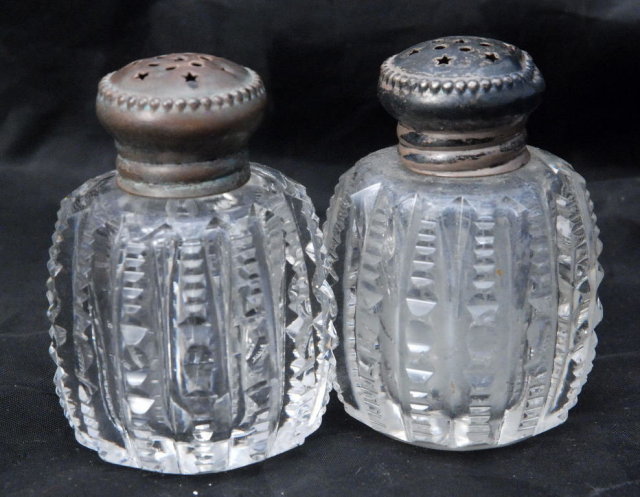Antique Victorian Brilliant Cut Crystal Salt & Pepper Shakers /Sterling Tops
