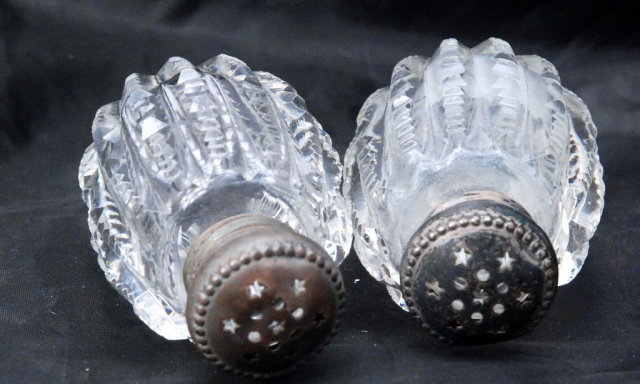 Antique Victorian Brilliant Cut Crystal Salt & Pepper Shakers /Sterling Tops