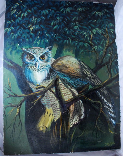 Owl Oil Painting on Canvas signed Tnaka * PRICED REDUCED! **