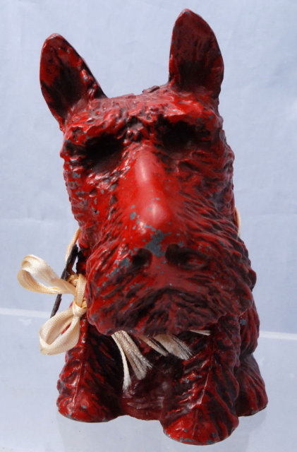 VINTAGE METAL RED PAINT SCOTTI DOG COIN BANK WITH KEY.