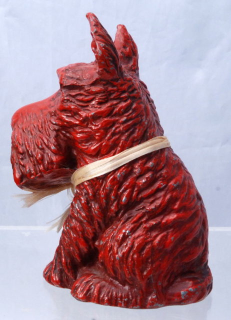 VINTAGE METAL RED PAINT SCOTTI DOG COIN BANK WITH KEY.
