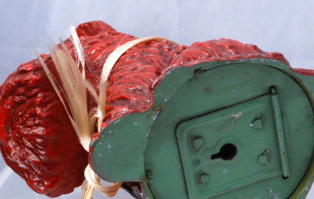 VINTAGE METAL RED PAINT SCOTTI DOG COIN BANK WITH KEY.