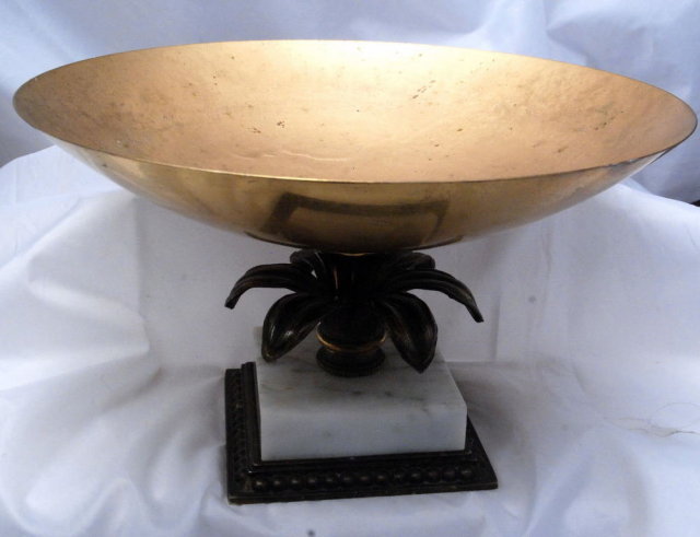 Old Shallow Brass Compote on Italian Marble Base