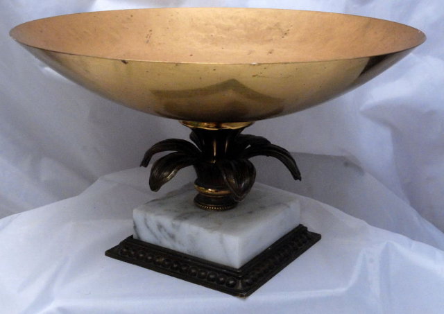 Old Shallow Brass Compote on Italian Marble Base
