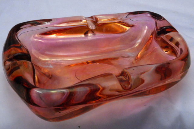 Heavy Blown Pink Iridescent Flash Carnival Glass Ashtray