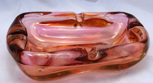 Heavy Blown Pink Iridescent Flash Carnival Glass Ashtray