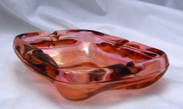 Heavy Blown Pink Iridescent Flash Carnival Glass Ashtray
