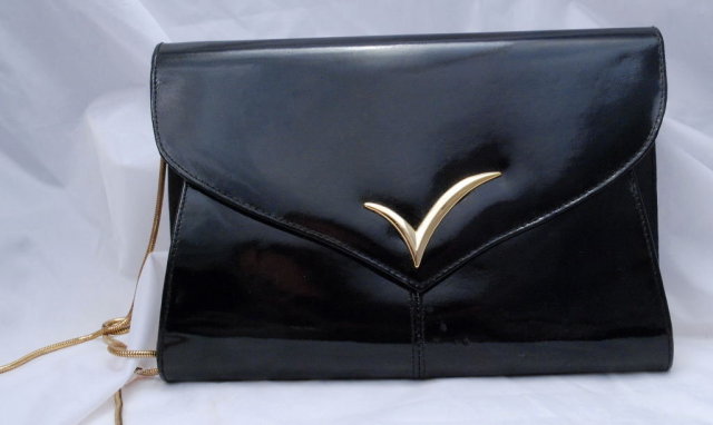 Black Patent Leather Purse by Vanna White with shoulder chain