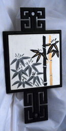 Asian Motif Bamboo Design Tile & Wrought Iron Trivet, Japan