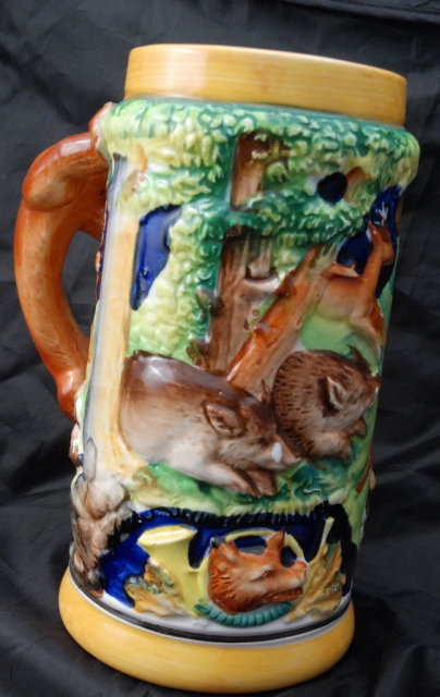 Majolica German Style Beer Stein Forest Animals, Wales, made in Japan