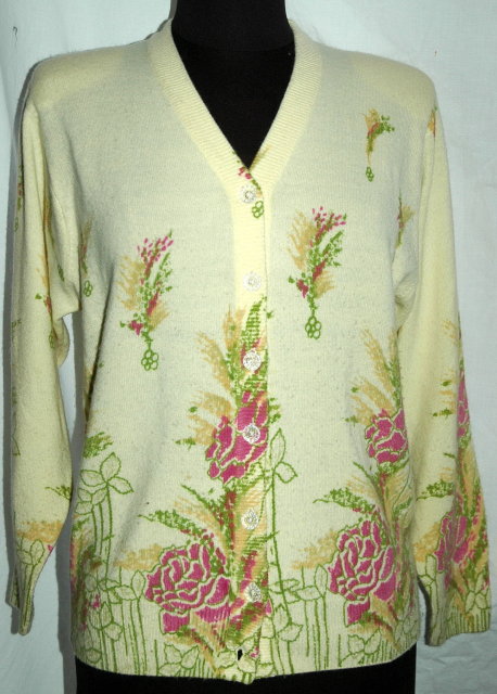 Vintage Italian Lana Wool Cardigan Sweater, yellow with flowers* PRICED REDUCED! **