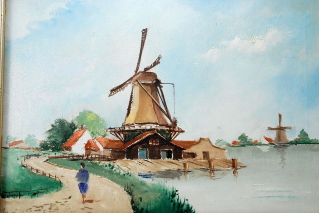 Dutch Windmill Oil Painting of Zaanse Schans, Netherlands signed.