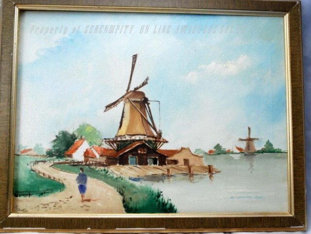 Dutch Windmill Oil Painting of Zaanse Schans, Netherlands signed.