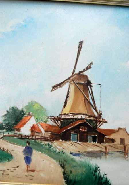 Dutch Windmill Oil Painting of Zaanse Schans, Netherlands signed.