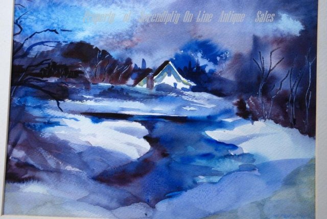 Water Color Painting, Snowy Winter Scene of House with Storm Looming Signed S. Peplow '99