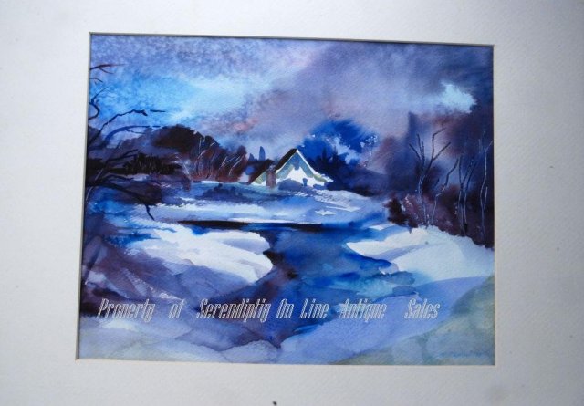 Water Color Painting, Snowy Winter Scene of House with Storm Looming Signed S. Peplow '99