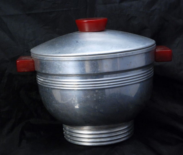 Art Deco Aluminum Ice Bucket with Bakelite Handles