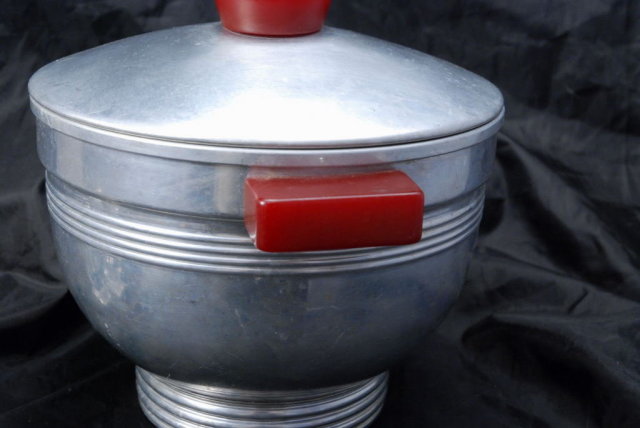 Art Deco Aluminum Ice Bucket with Bakelite Handles