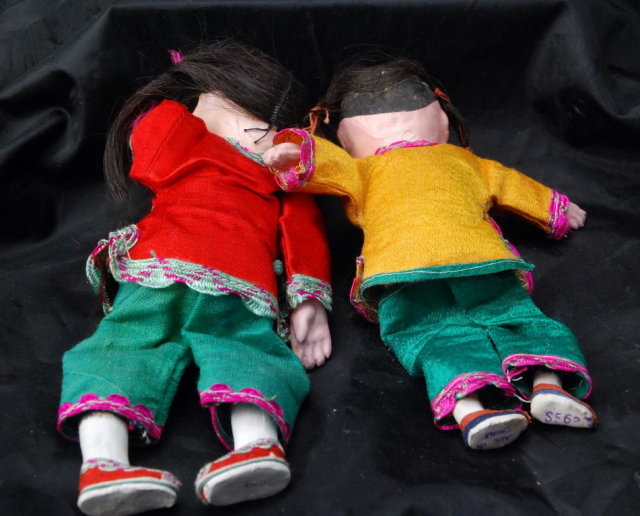 Pair of Chinese Composition Doll with Silk Clothes