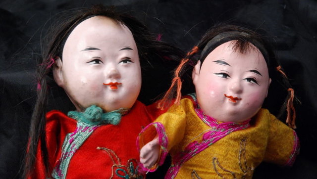 Pair of Chinese Composition Doll with Silk Clothes