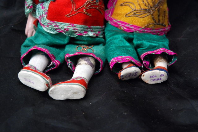 Pair of Chinese Composition Doll with Silk Clothes