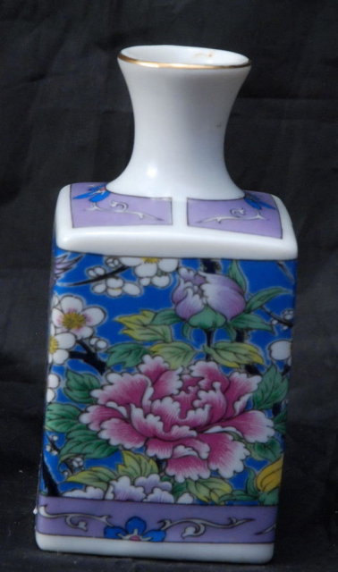 Small Asian Square Bottle Vase, Hand painted enameled porcelain with pheasent & flowers * PRICED REDUCED! **