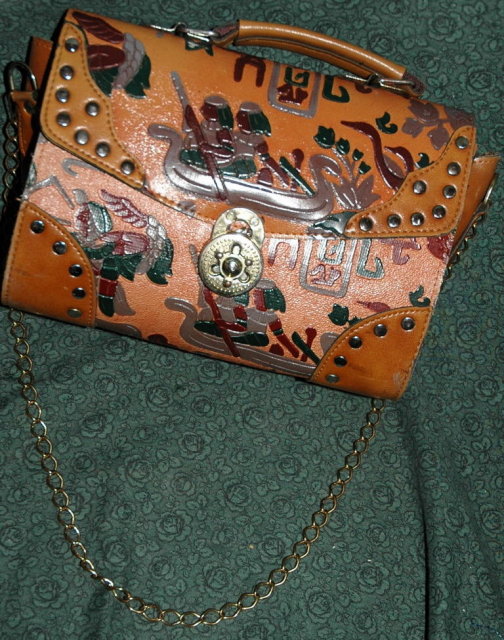 Vintage Egyptian Motif Tooled & Painted purse with studs.