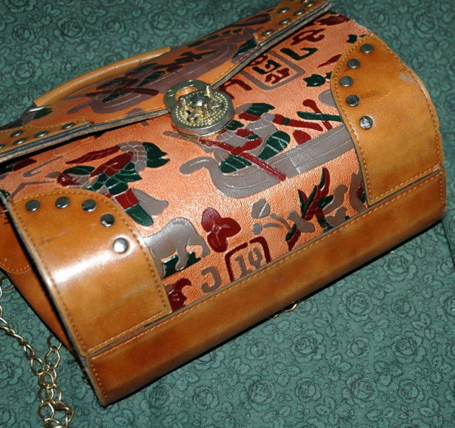 Vintage Egyptian Motif Tooled & Painted purse with studs.