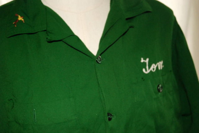1950's KING LOUIE RAYON Gabardine Bowling Shirt size L GREEN