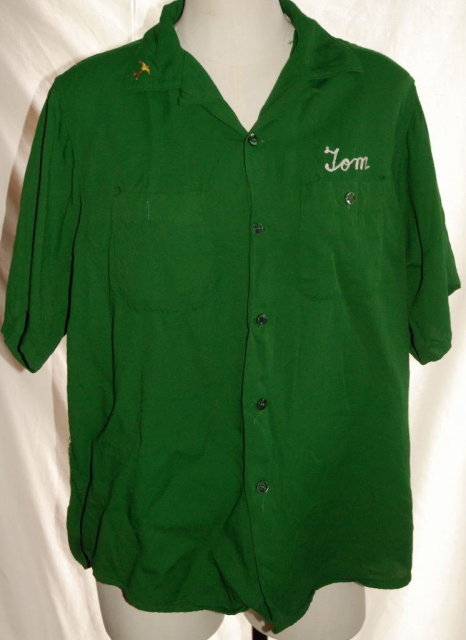 1950's KING LOUIE RAYON Gabardine Bowling Shirt size L GREEN