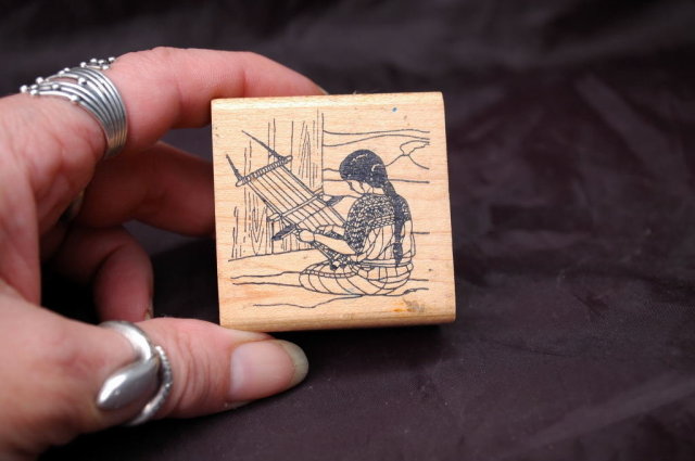 Navajo Rug Weaver Rubber Stamp , wood mounted