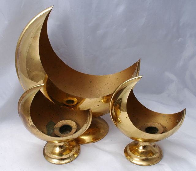 Mid-Century Dutch Modern Brass Candlestick Holder & Planter Set Crescent Shape