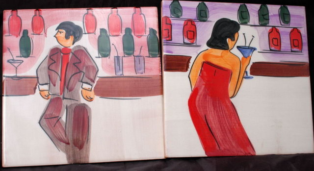 2 Italian Art Tiles Hand Painted Man & Woman Bar Scene Marco E Cristina * PRICED REDUCED! **