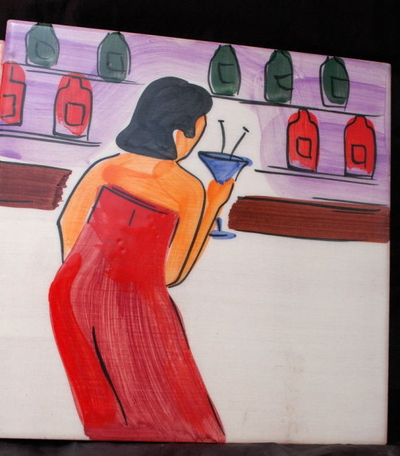 2 Italian Art Tiles Hand Painted Man & Woman Bar Scene Marco E Cristina * PRICED REDUCED! **