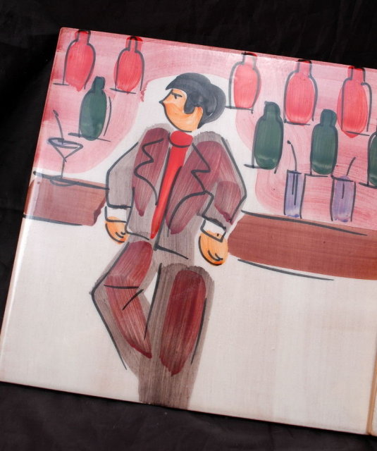 2 Italian Art Tiles Hand Painted Man & Woman Bar Scene Marco E Cristina * PRICED REDUCED! **