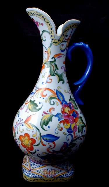 Large European Talavera Pottery Porcelain Ewer Hand painted brilliant colors